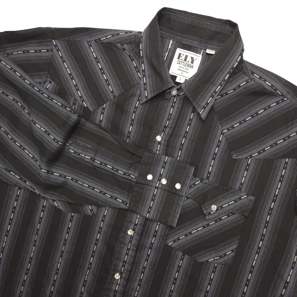 Ely Cattleman Shirt Mens L Black Stripe Western Pearl Snap Long Sleeve Casual